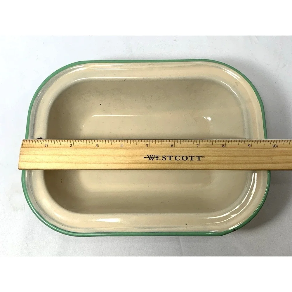 Enamelware Pan Beige Small Green Trim Farmhouse‎ Cottagecore 9.5